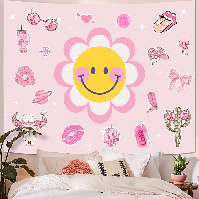 Lunerfex Y2K Tapestry Pink Sun Wall Tapestry, Cute Tapestries for Bedroom Funny Tapestries Wall Hanging for Bedroom Living Room Decor Pink-7 44"x60"