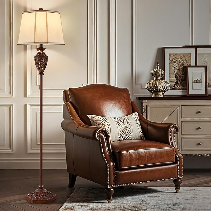 Luvkczc Vintage Floor Lamp - Brown Resin 6-Sided Carved Hollow Light Design, Mid-Century Modern Standing Lamp for Living Room, Bedroom, Study(Bulb Included)