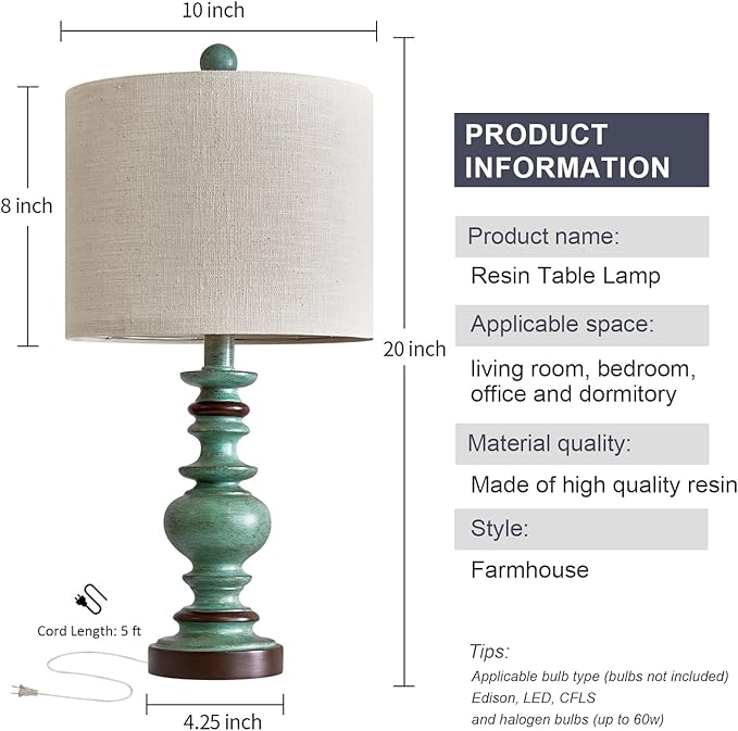 BOBOMOMO 20" Farmhouse Lamps for Bedrooms Set of 2, Retro Side Table Lamps Bedside Lamp for Side Nightstand Living Room（Suitable for Decorating Small Areas）