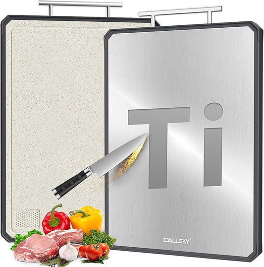 Titanium Cutting Boards for Kitchen, 2 in 1 Titanium Cutting Boards with JUICE GROOVE, Metal Chopping Board for Meat/Vegetables, Pure Titanium&Wheat Straw PP, Food-Grade, Dishwasher Safe16.3”×11”-1 PC