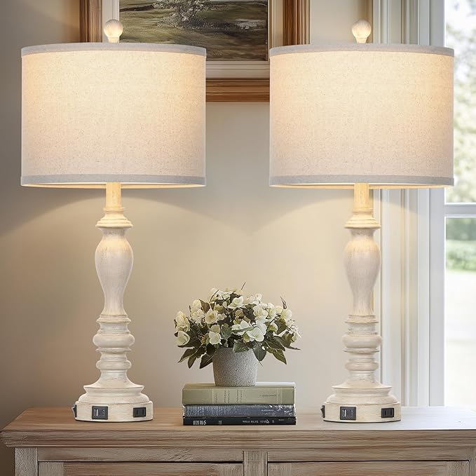 27.5" Retro Table Lamps Set of 2 with USB A+C Charging Ports -Nightstand Lamp for Bedroom Vintage Rustic Table Lamps for Living Room Traditional Nightstand Bedside Lamps（2 Bulbs Included）
