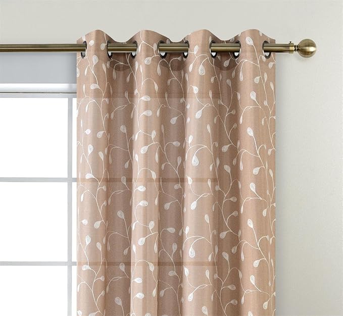 MIUCO Floral Embroidery Semi Sheers Curtain Faux Linen Grommet Window Curtains for Office 52 x 95 Inch 2 Panels, Taupe