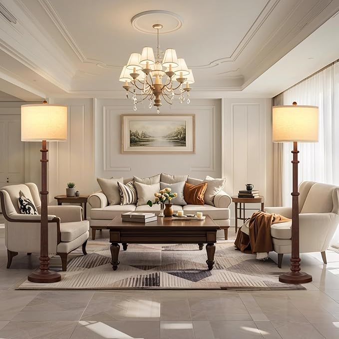 Floor Lamps for Living Room - 60" Resin Farmhouse Floor Lamp with 3 Color Temperatures - Vintage Standing Lamp Reading Light with Linen Shade Tall Lamp for Bedroom Office, Reddish Brown