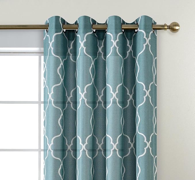 MIUCO Moroccan Embroidery Semi Sheers Curtain Faux Linen Grommet Window Curtains for Bedroom 52 x 95 Inch 2 Panels, Teal