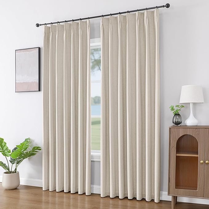 Joydeco Pinch Pleated Linen Curtains Darkening Drapes for Bedroom, 100% Blackout Drapes 96 inches Long 2 Panels Heat Blocking Curtains(Ecru,40'' Wx96'' L)