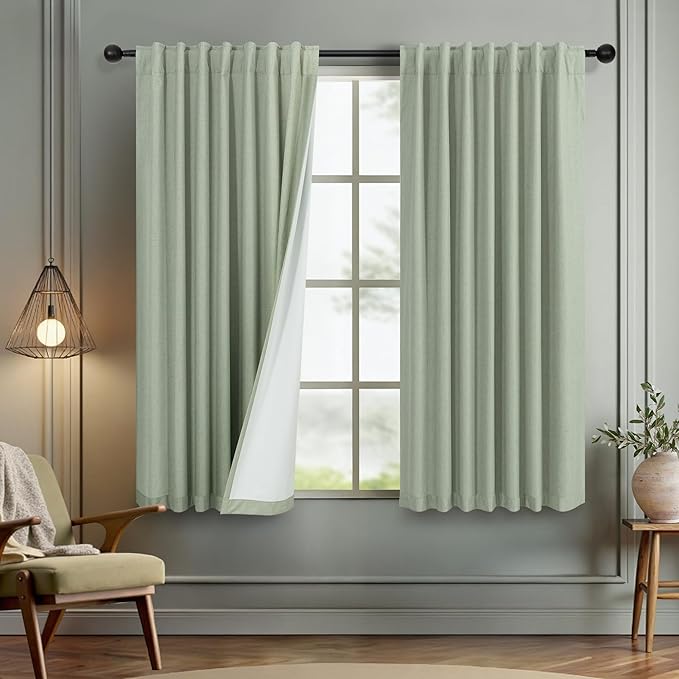 Small Short Blackout Curtains 54 Inch Length for Bedroom 2 Panels Back Tab Pleated Light Sage Green Room Darkening Insulated Thermal Drapes Window Treatment Curtain Panels for Living Room Boho Decor