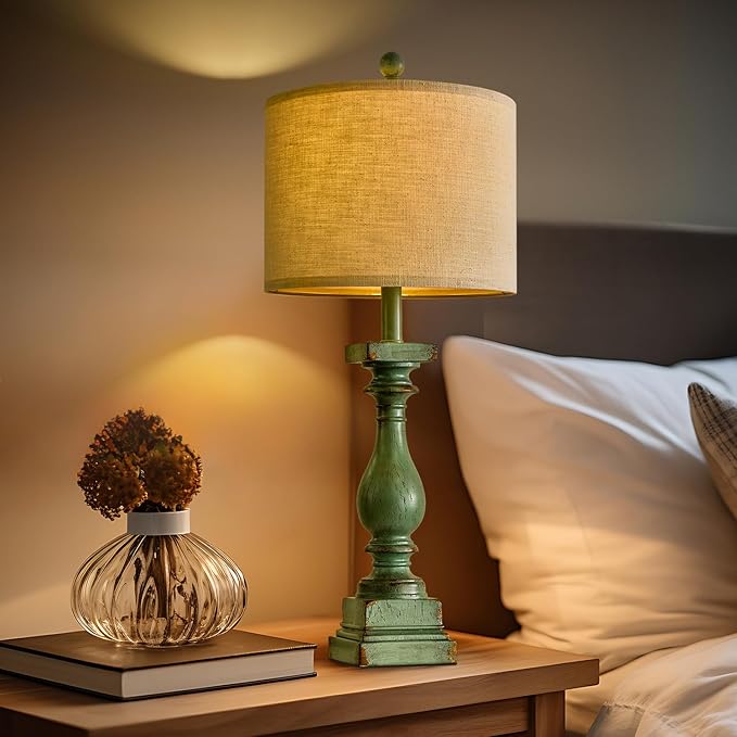 BOBOMOMO 27" Farmhouse Table Lamp Set of 2 with USB A+C for Bedroom Living Room Vintage Rustic Traditional Nightstand Bedside Lamps Retro Side Table Lamps (Green)