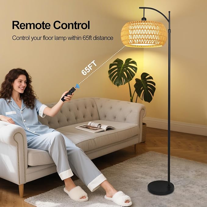 Arc Floor Lamps for Living Room Rattan Boho Floor Lamp with Remote Control,Dimmable LED Floor Lamp Wicker Lamp Shades Black Standing Lamp with 3 Color Temperature Tall Floor Lamps For Bedroom Corner