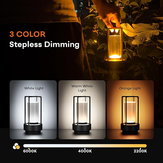 Portable Metal Table Lamp for Indoor/Outdoor ,Rechargeable Cordless LED Lamp, 3-Colour Infinitely Dimming Battery Powered Small Desk Lamp, Restaurant/Bedroom/Bar/Coffee/Camping Light (Black Set of 2)