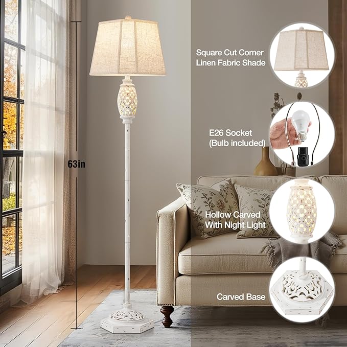 Luvkczc Rustic Floor Lamp with Floral Cutouts & Light, Vintage Farmhouse Style Standing Lamp Resin Floor Lamps for Living Room, Bedroom,Study (Bulb Included)