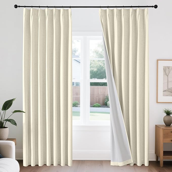 Joydeco Pinch Pleated Linen Curtains Darkening Drapes for Bedroom, 100% Blackout Drapes 96 inches Long 2 Panels Heat Blocking Curtains(Linen,40'' Wx96'' L)