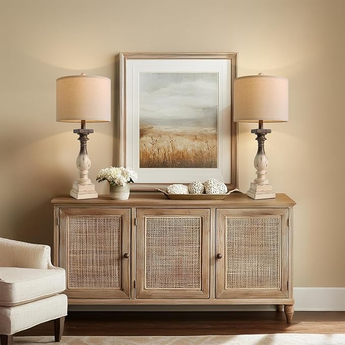 BOBOMOMO 27" Farmhouse Table Lamps with USB-A +C Ports, Vintage Rustic Side Table Lamps Set of 2, Linen Shade, Retro Bedside Night Stand Lamps for Living Room, Bedroom, Office, Home Decor