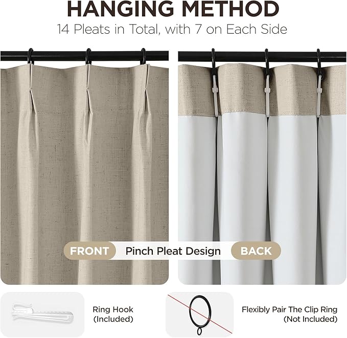Joydeco 100% Blackout Pleated Curtains, Linen Window Curtains 2 Panel Sets 108 inches Long, Thermal Insulated Darkening Drapes for Bedroom(Cobblestone,40'' Wx108'' L)