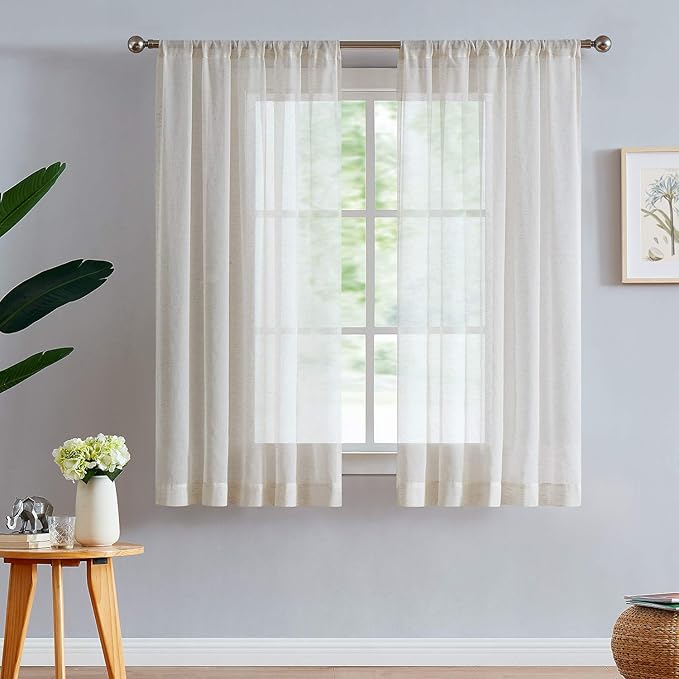 FMFUNCTEX Linen Sheer Curtains for Bedroom, Beige Curtains 45 inches Long for Living Room, Natural Flax Blend Window Draperies for Farmhouse Curtain, Rod Pocket 2 Panels