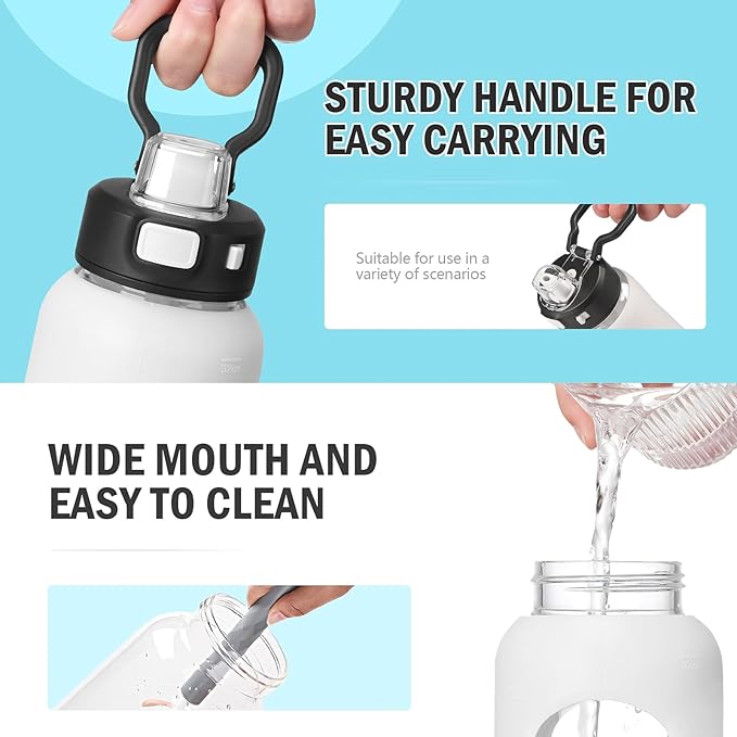 Kodrine Water Bottle With Straw and Carry Handle, Glass Water Bottle 24 oz Leak Proof Locking Lid with Soft Silicone Spout, Small Clear Water Bottle, Travel Sports Water Jug, Time Marker, White