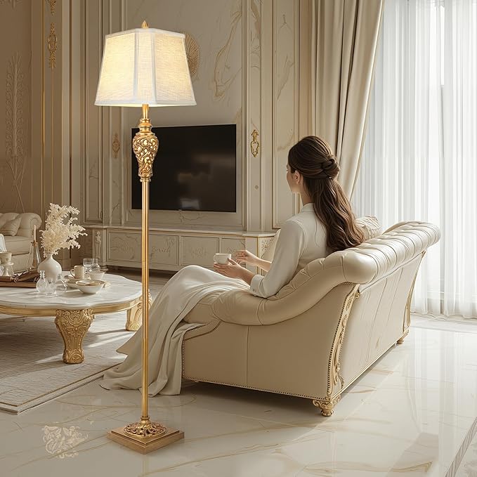 Vintage Farmhouse Floor Lamp with Nightlight, 65" Tall Standing Lamp with White Linen Fabric Shade, Antique Gold Finish, Elegant Reading Corner Light for Living Room, Bedroom, Office (Bulb Included)