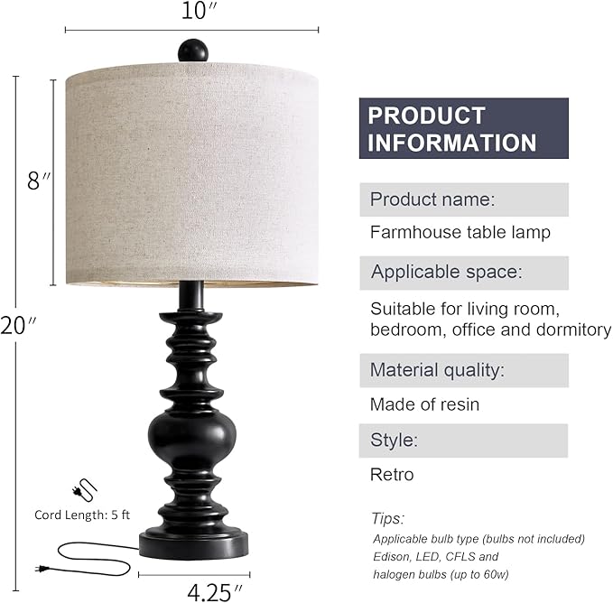 BOBOMOMO 20" Table Lamp Set of 2 for Bedroom Living Room Vintage Rustic Traditional Nightstand Bedside Lamps（Suitable for Decorating Small Areas）