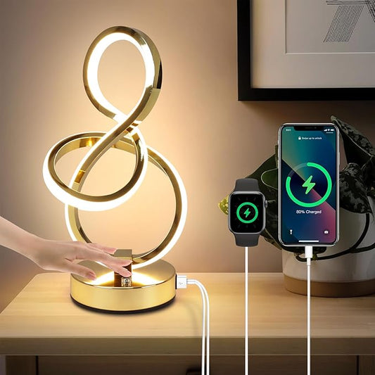 Modern Table Lamp, LED Bedside lamp with USB C+A ports, Touch Stepless Dimmable Nightstand lamp, Unique Spiral Table lamp for Bedroom Living Room Home Office, Spiral lamp for Ideal Gift, Gold