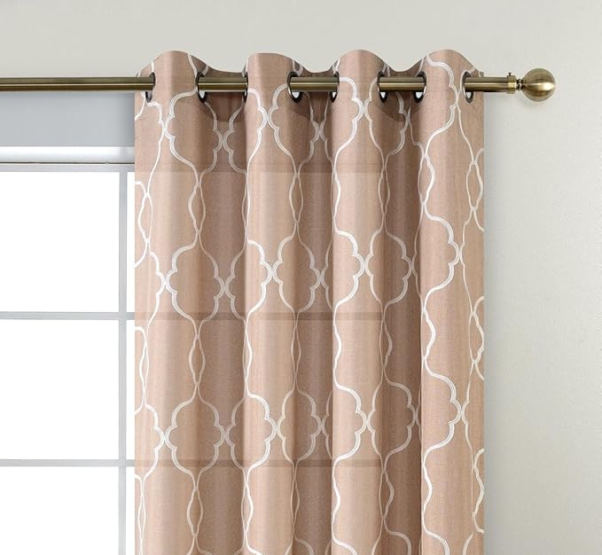 MIUCO Moroccan Embroidered Semi Sheer Curtains Faux Linen Grommet Curtains for Living Room 52 x 84 Inch 2 Panels Set, Taupe