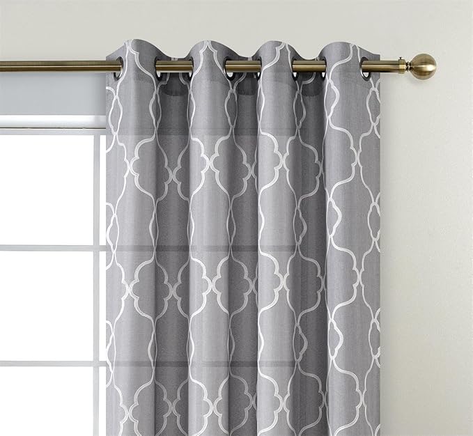 Miuco Moroccan Embroidered Semi Sheer Curtains Faux Linen Grommet Curtain Panels for Bedroom 52 x 95 Inch 2 Panels, Grey