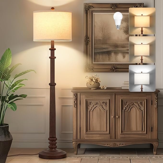 Floor Lamps for Living Room - 60" Resin Farmhouse Floor Lamp with 3 Color Temperatures - Vintage Standing Lamp Reading Light with Linen Shade Tall Lamp for Bedroom Office, Reddish Brown