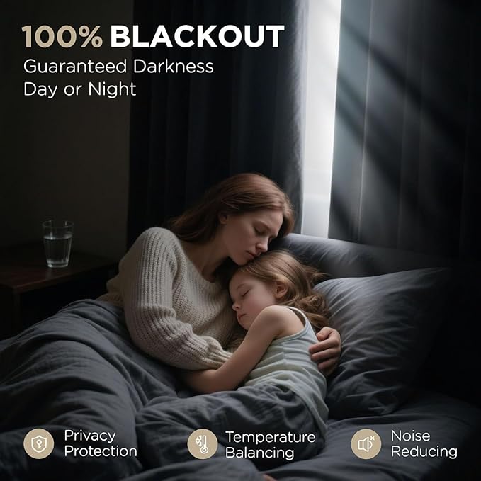 Joydeco 100% Blackout Pleated Curtains, Linen Window Curtains 2 Panel Sets 108 inches Long, Thermal Insulated Darkening Drapes for Bedroom(Cobblestone,40'' Wx108'' L)