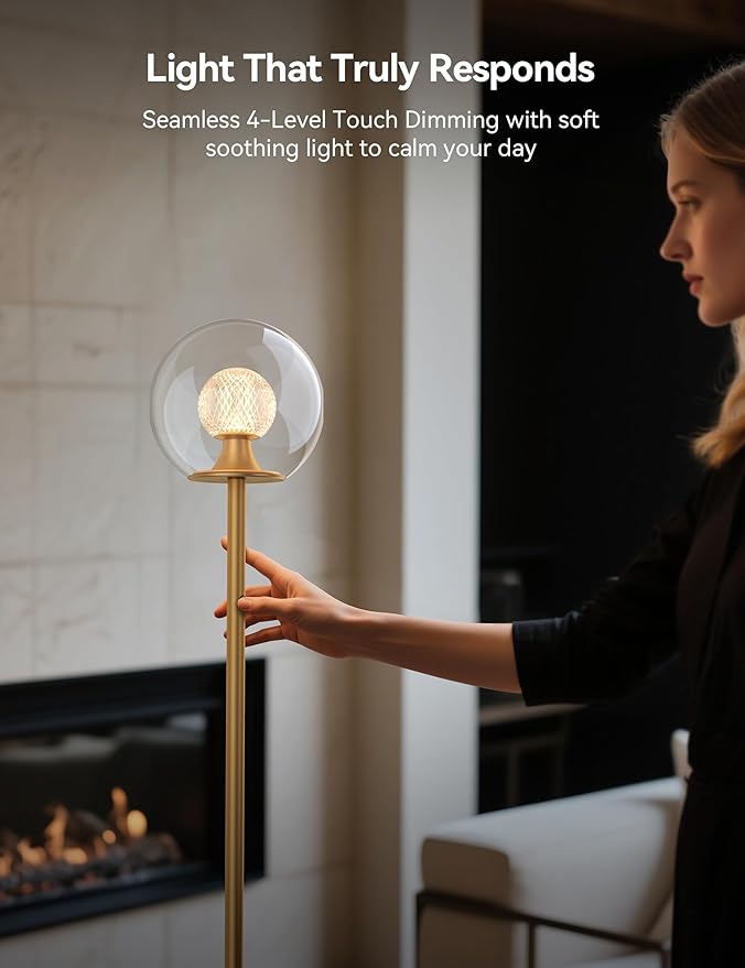 Tubicen Gold Floor Lamp with Dual-Globe Glass Shade Memory Function Art Decor 4-Stage Touch Control Dimmable Modern LED Corner Standing Floor Lamp for Bedroom Office Living Room Bedside
