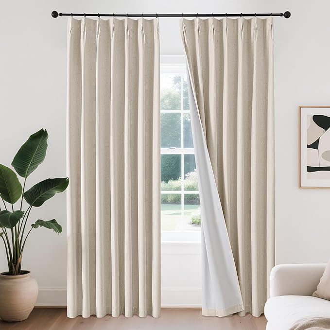 Joydeco Pinch Pleated Linen Curtains for Living Room, 100% Blackout Curtains 84 inches Long 2 Panel Thermal Insulated Pinch Pleat Drapes(Ecru,40'' Wx84'' L)