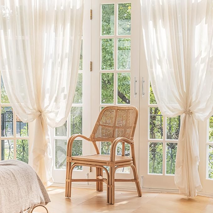 FMFUNCTEX Linen Sheer Pinch Pleated Curtains for Bedroom, Linen Flax Beige 63 Inch Length Sheer Curtain See Through Panels for Living Room, Natural Window Drapes for Farmhouse, Rod Pocket 2 Panels