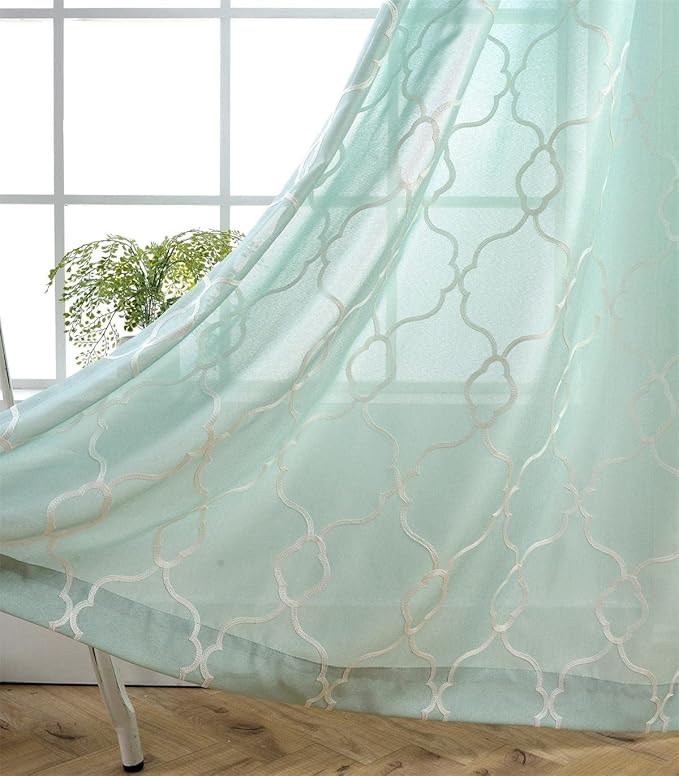MIUCO Moroccan Embroidery Semi Sheer Curtains Faux Linen Grommet Panels for Living Room 52 x 84 Inch 2 Panels Set, Subtle Green
