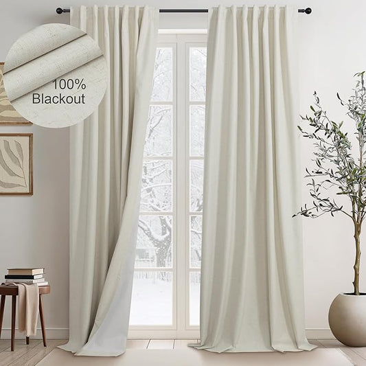 Neutral Blackout Nursery Curtains 102 Inches Long for Living Room Divider 2 Panel Weather Blocking Light Lightweight Blackout Curtains for Sliding Doorway Bedroom Darkening Tan Beige Thick Linen Drape