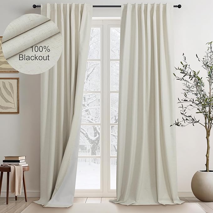 Long Black Out Curtains 108 Inch Length 2 Panel Complete Blackout Full Light Blocking Heat Winter Cold Thermal Insulated Neutral Linen Drape for Bedroom Living Room Cloth Canvas Textured 9 FT Beige