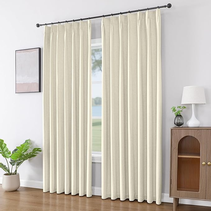Joydeco 100% Blackout Pleated Curtains, Linen Window Curtains 2 Panel Sets 108 inches Long, Thermal Insulated Darkening Drapes for Bedroom(Linen,40'' Wx108'' L)