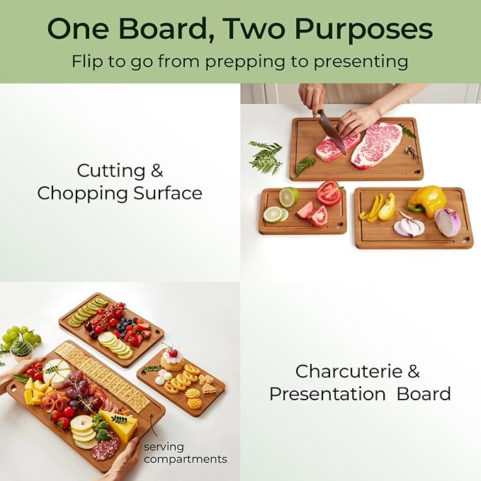 Bamboo Cutting Board, Durable Wood Cutting Boards for Kitchen with Deep Juice Grooves & Built-in Handles, Ideal Charcuterie & Chopping for Meat, Vegetables and Fruits Ideal Kitchen Gifts