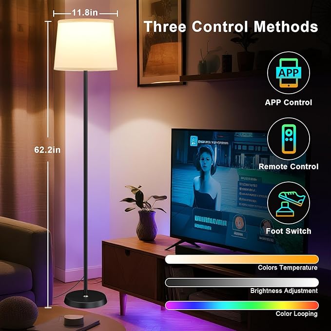 Floor Lamp for Living Room Bedroom,Modern Floor Lamp with Remote, Simple Design with White Shade,Foot Pedal Switch,Dimmable Colors Temperature,9W RGB LED Bulb