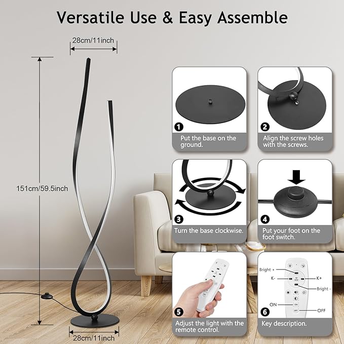 NUÜR Spiral Floor Lamp, 59" Tall Black LED Modern Standing Floor Lamp with Remote Control, Arched Bright Floor Lamps for Living Room Bedroom Office Home (Spiral Floor Lamp)