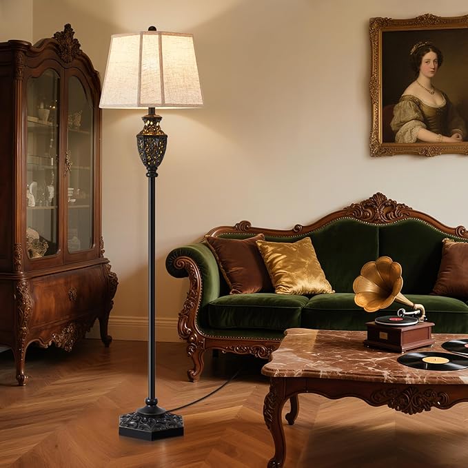 Luvkczc Vintage Black Floor Lamp - Hand-Painted Gold Resin with 6-Sided Carved Hollow Nightlight, Traditional Standing Lamp for Living Room, Bedroom, Study (Bulb Included)