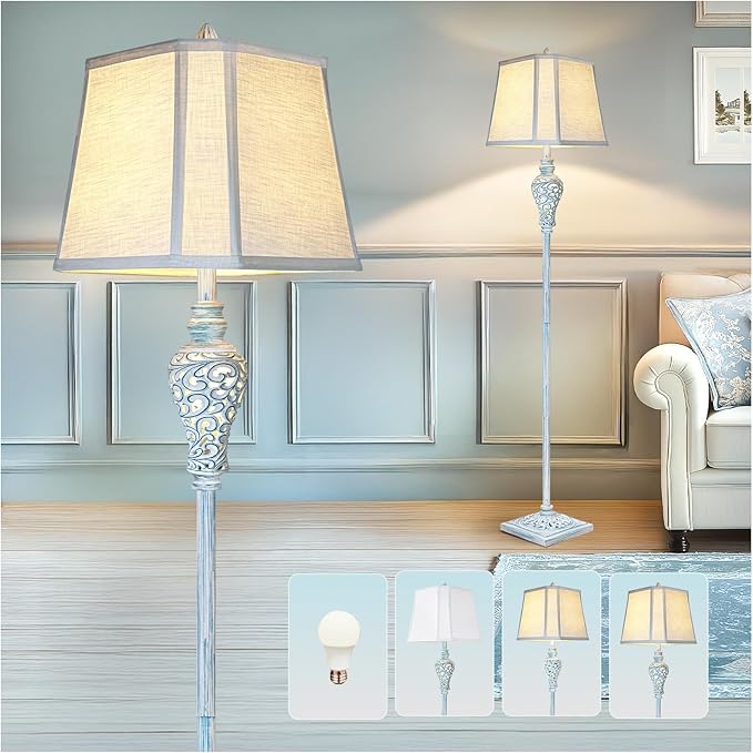 Vintage Floor Lamp with Nightlight, 65" Retro Standing Lamp with White Linen Shade, Washed Blue Finish Farmhouse Style Design Tall Lamp Decor for Living Room Bedroom Study Home Corner (Bulb Included)
