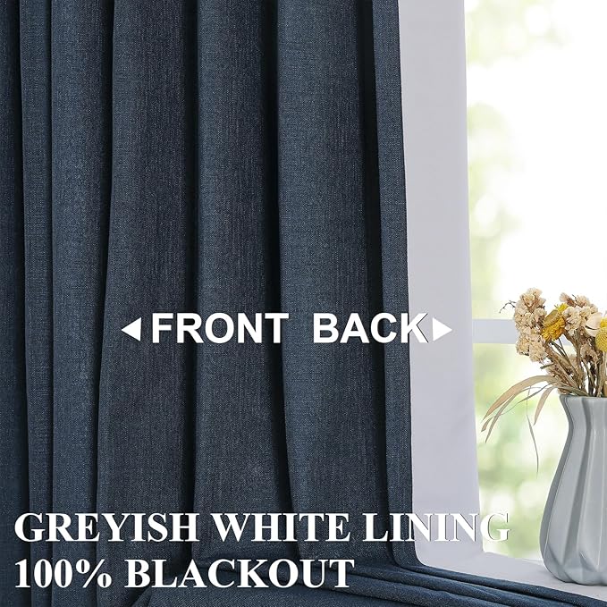 Vision Home Navy Blue Pinch Pleated Full Blackout Curtains Linen Blended Room Darkening Curtain Panels 120 inch for Living Room Bedroom Thermal Insulated Pinch Pleat Drapes with Hooks 40" Wx120 Lx2