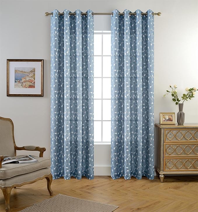 MIUCO Floral Embroidered Semi Sheer Curtains Faux Linen Grommet Window Curtain for Living Room 52 x 84 Inch 2 Panels, Dusty Blue