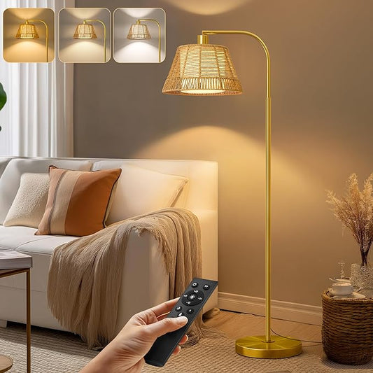 Oneach Arc Floor Lamp for Living Room with 3 Color Temperatures, Farmhouse Floor Lamps with Remote & Dimmable Bulb, Rattan Boho Floor Lamp with Hand-Woven Wicker & Fabric Shade