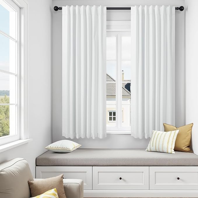 White Living Room Darkening Curtains 72 Inches Long 6 ft Length 2 Panel Cute Black Out Linen Window Drape for Nursery Bedroom Opaque Thermal Curtain for Summer Heat Light Blocking Lightweight Blackout