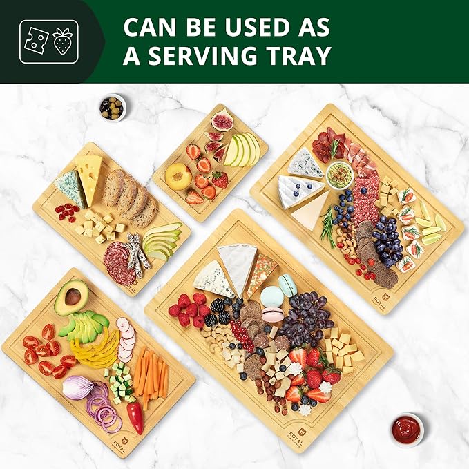 ROYAL CRAFT WOOD Wooden Serving Boards for Kitchen Meal Prep&Bamboo Wood Cutting Board Set with Deep Juice Groove Side Handles-Charcuterie & Chopping Butcher Block for Meat-Kitchen Gadgets Gift (5Pcs)