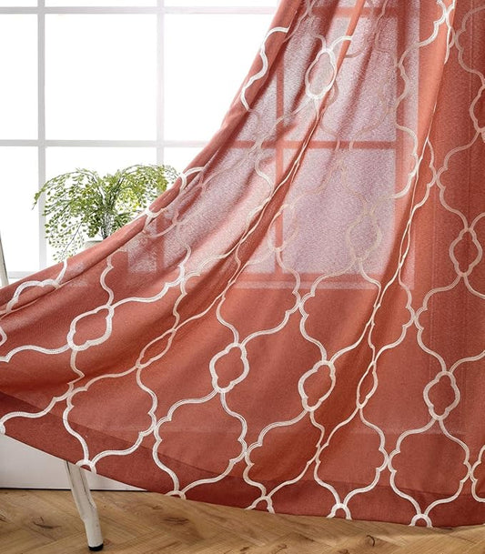 MIUCO Moroccan Embroidery Semi Sheer Curtains Faux Linen Grommet Curtain Panels for Kids Room 52 x 84 Inch 2 Panels, Rust