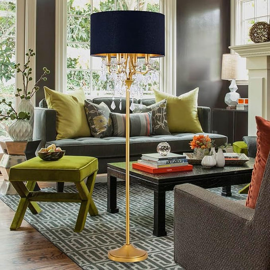Wellmet Gold Crystal Drum Shade Floor Lamp, 6 Light Black Gold Shade, Candle Base for Living Room, Bedroom, Reading Room, Hallway, Corridor