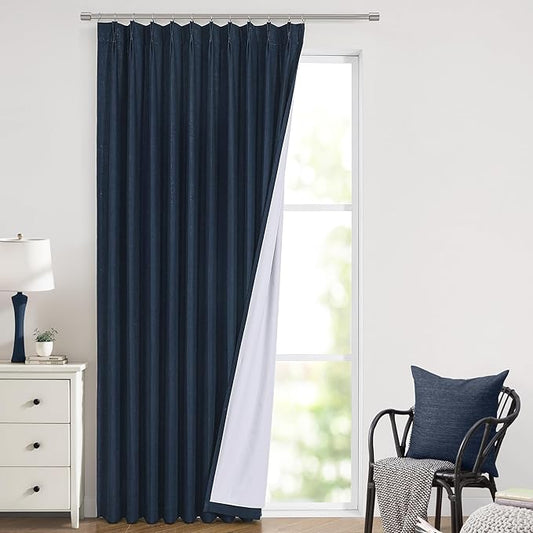 Vision Home Navy Blue Pinch Pleated Full Blackout Curtains Linen Blended Room Darkening Window Curtains 112 inch for Living Room Bedroom Thermal Insulated Pinch Pleat Drapes with Hooks 60" Wx112 Lx1