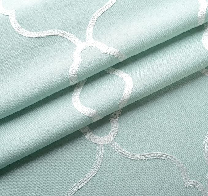 MIUCO Moroccan Embroidered Semi Sheer Curtains Linen Look Grommet Panels for Bedroom 52 x 95 Inch 2 Panels, Subtle Green