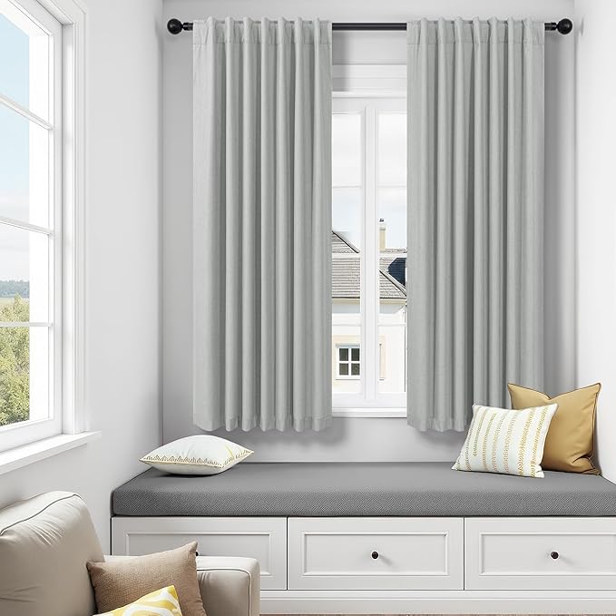 Grey Short Small Window Room Darkening Curtains 54 Inches Long 2 Panel for Bedroom Basement Boho Linen Soundproof Blackout Gray Thermal Curtains for Winter Insulated Drapes Cafe Back Tab 52x54 Length