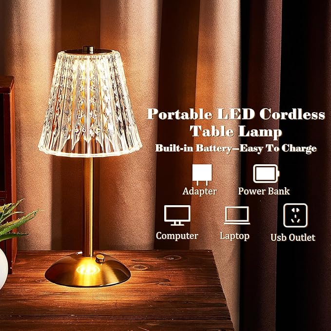 Liliful 6 Pcs LED Portable Cordless Table Lamp Touch Battery Operated Rechargeable Desk Lamp 3 Color Dimmable for Bedroom Living Room Dining (Classic Style,Gold)