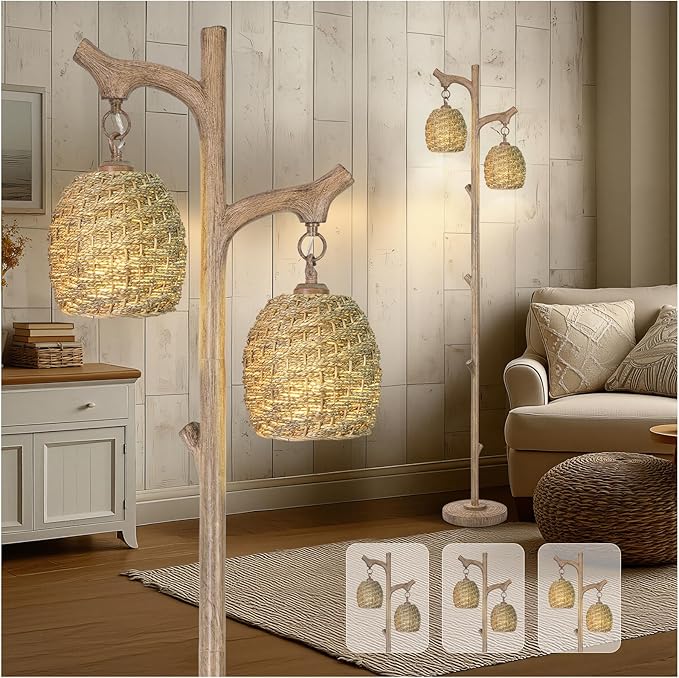 Scenekoy Vintage 68” Tall Floor Lamp with Straw Rope Woven Shade, Retro Resin Standing Lamp Tree Trunk Finish, Dimmable Corner Lamp Stand Up Light with Bulb Prefer for Living Room Bedroom Home Decor